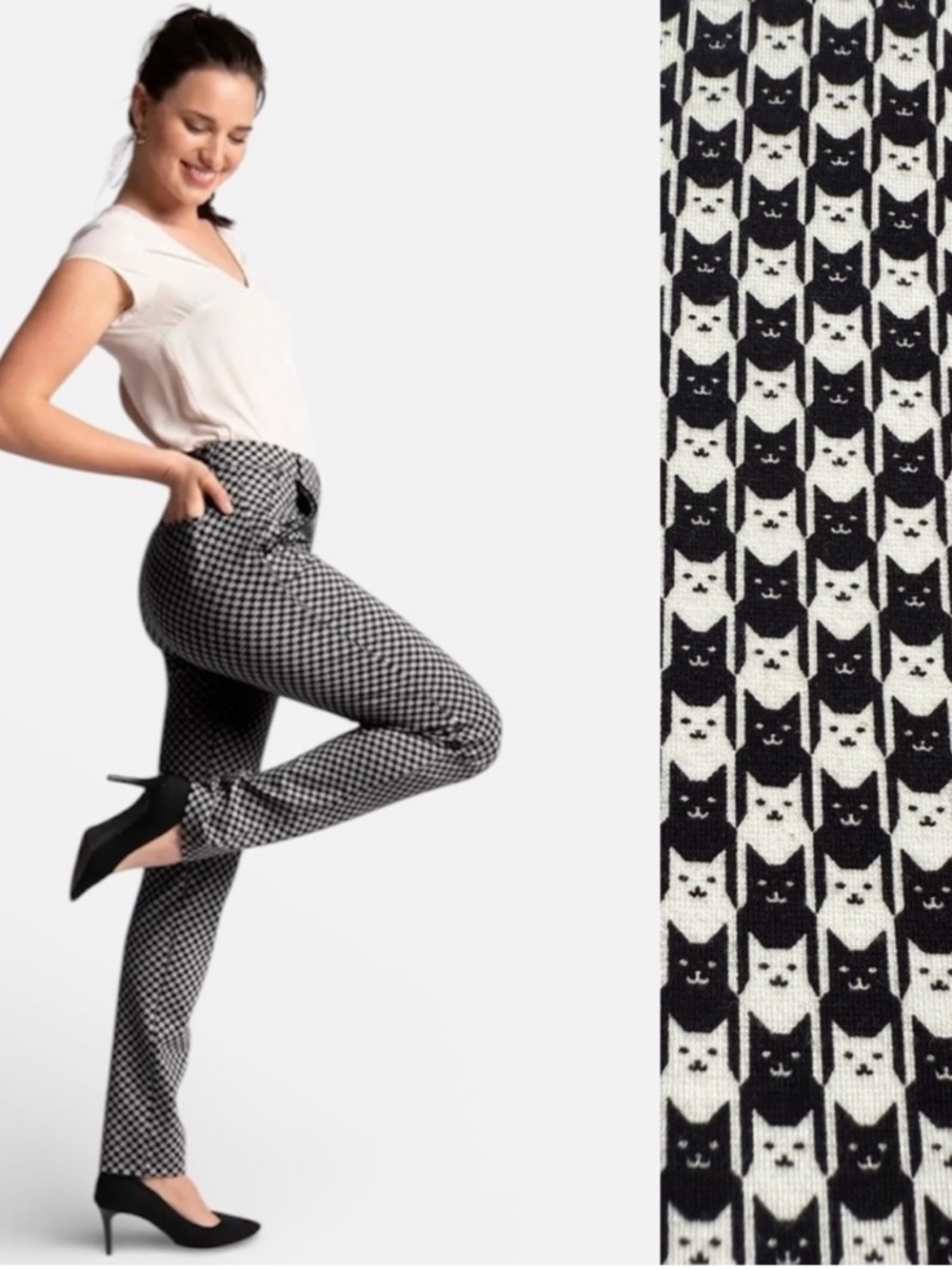 Betabrand Straight Leg Chino Yoga Cat Print Pants in Catstooth